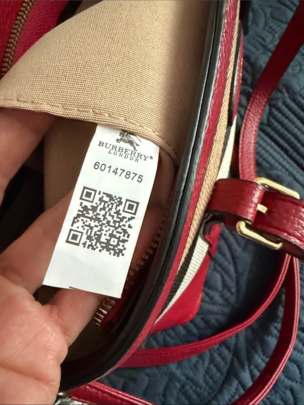 Beige Check Canvas Shoulder Bag with Red Leather Trim